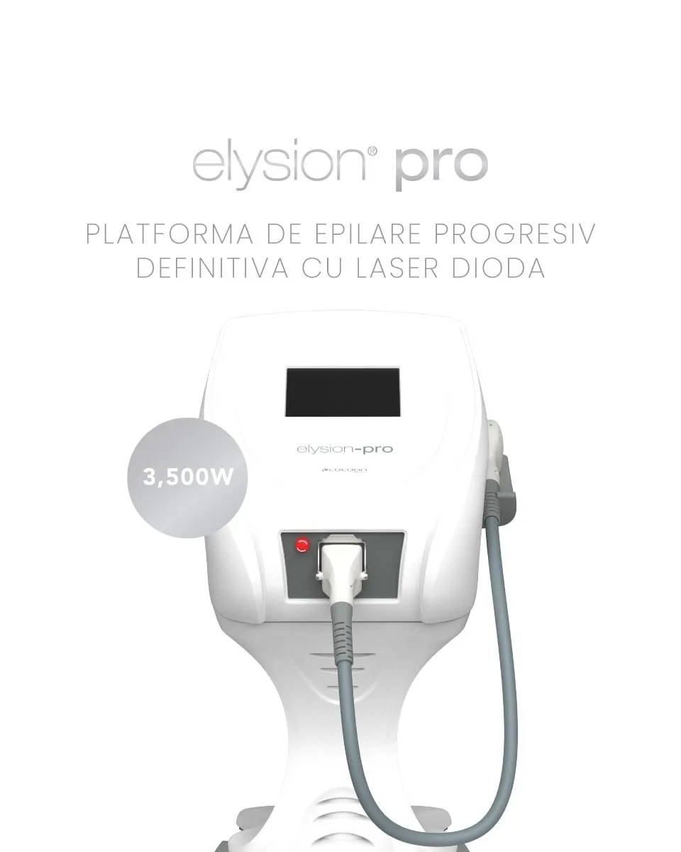Elysion Pro спереди, с текстом производителя: «Платформа прогрессивно-окончательной эпиляции диодным лазером» и мощность 3500 Вт